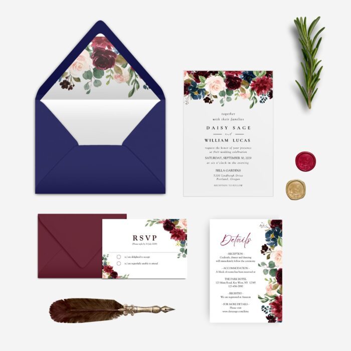 clear burgundy and navy arcylic wedding invitation DSIA007