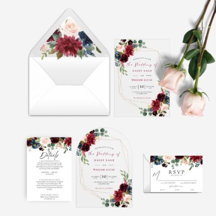 geo navy and burgundy acrylic wedding invitation set with burgundy envelope DSIA011