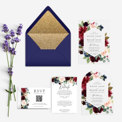 hexagon navy and burgundy floral acrylic wedding invitation set with navy envelope DSIA009