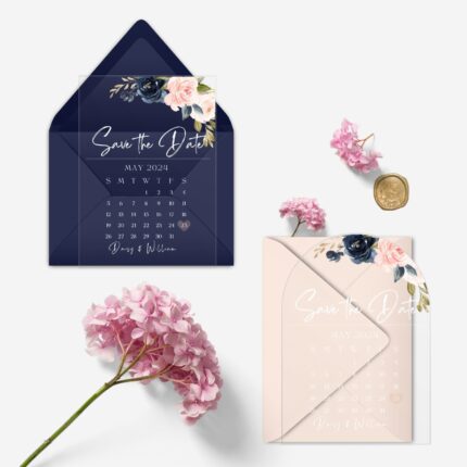 navy and blush flowers arcylic save the date DSTD009