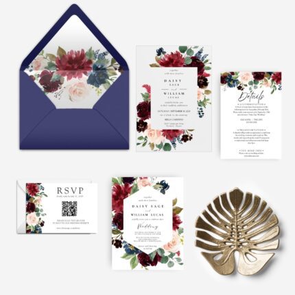 navy and burgundy acrylic wedding invitation set with navy envelope DSIA012