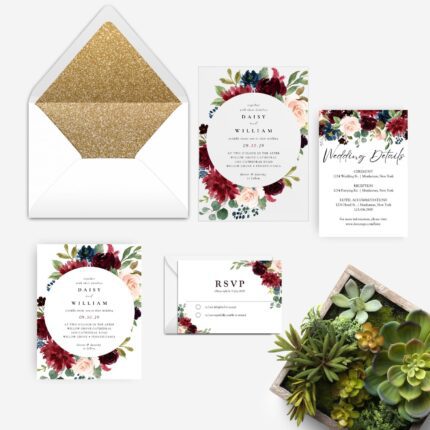 round navy and burgundy floral acrylic wedding invitation set DSIA010