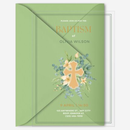 Acrylic Yellow Minimalist Illustrated Cross With Greenery Baptism Invitation DSBA15-2