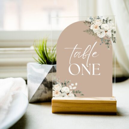 Beige and Greenery Watercolor Floral Clear Acrylic Table Number Sign Card DSTN10-2