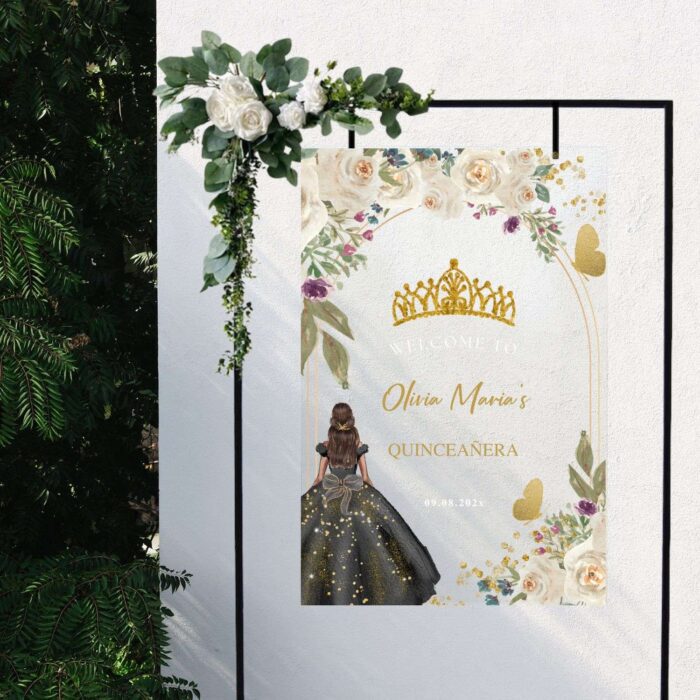 Black and Gold Princess and Butterfly Acrylic Sweet 15 Sign DSQS02-2