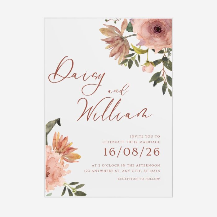 Bohemian Pink Watercolor Flower Transparent Wedding Invitation DSF017-2