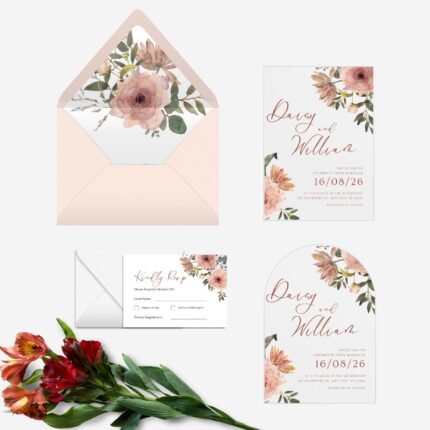 Bohemian Pink Watercolor Flower Transparent Wedding Invitation DSF017