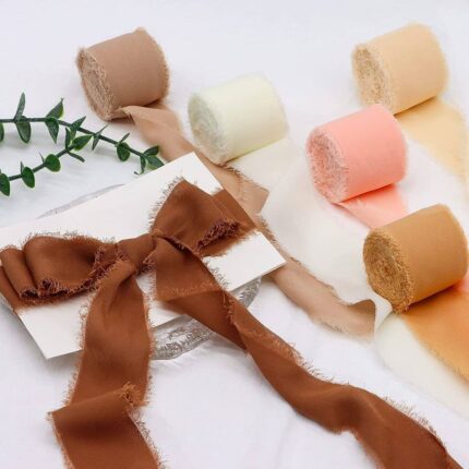 Brown Fringe Chiffon Silk Ribbon Set for Wedding Invitations Bridal Bouquets Gifts Wrapping DIY Crafts