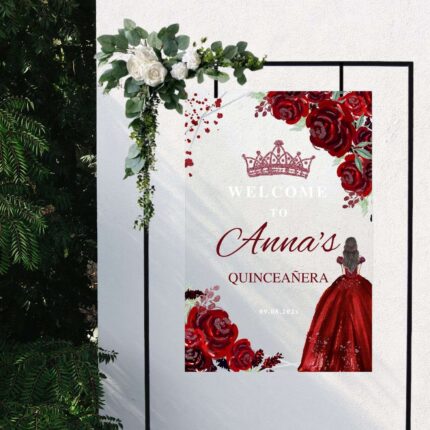 Burgundy Clear Acrylic Quinceañera Welcome Sign DSQS01-2