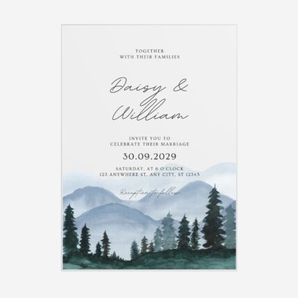 Dusty Blue Mountain Forest Transparent Wedding Invitation DSF007-2