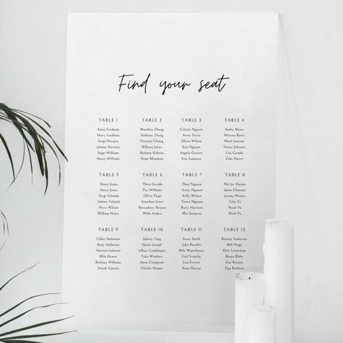 Elegant Black and White Minimalist Frosted Acrylic Seating Chart DSSC03