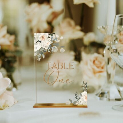 Gold Watercolor Greenery Clear Acrylic Wedding Table Number Sign Card DSTN11