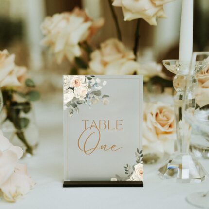 Gold Watercolor Greenery Frosted Acrylic Wedding Table Number Sign Card DSTN11