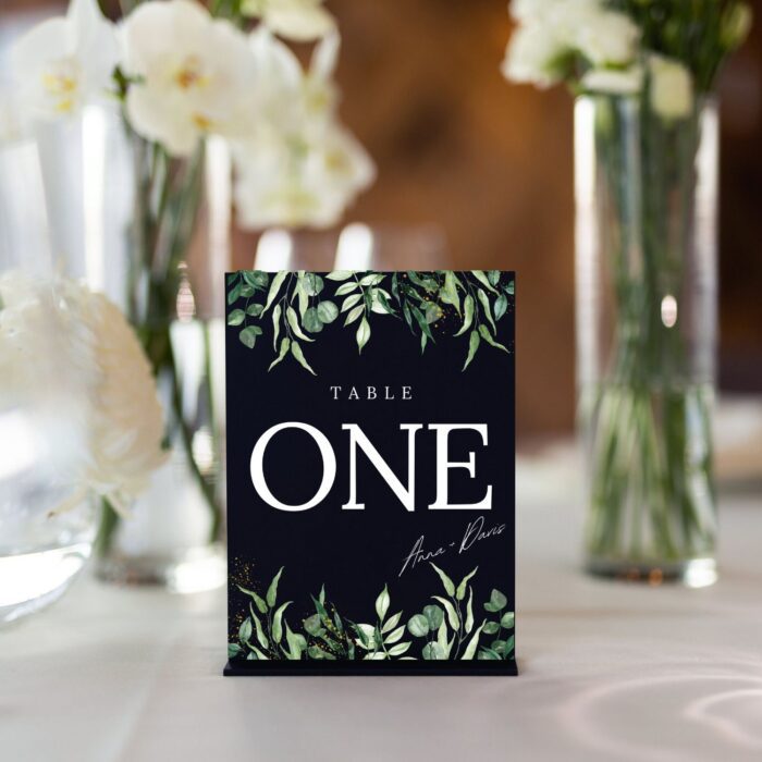 Gold and Greenery Black Acrylic Table Number Card DSTN03