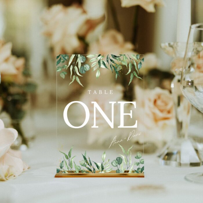 Gold and Greenery Clear Acrylic Table Number Card DSTN03-2