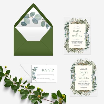 Green Eucalyptus Frame Clear Wedding Invitation DSF014