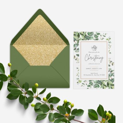 Green Eucalyptus Minimal Modern Christening Invitation DSBA10