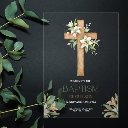 Green Orange Floral Watercolor Illustrated Cross Baptism Invitation DSBA09-2