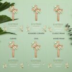 Green Orange Floral Watercolor Illustrated Cross Baptism Invitation DSBA09-3