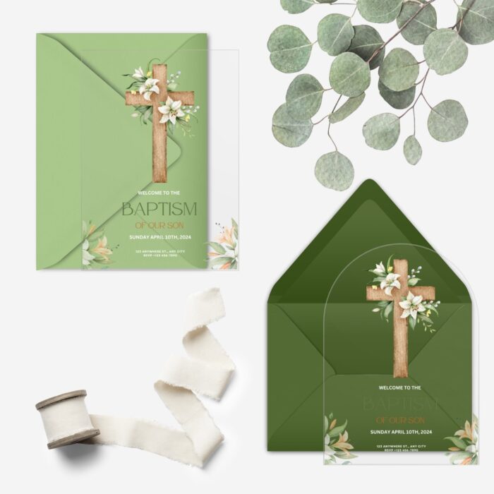 Green Orange Floral Watercolor Illustrated Cross Baptism Invitation DSBA09