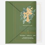 Green Yellow Floral Watercolor Illustrated Cross Baptism Invitation Flyer DSBA14-2