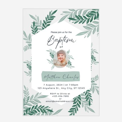 Green organic nature photo baptism invitation DSBA16-2