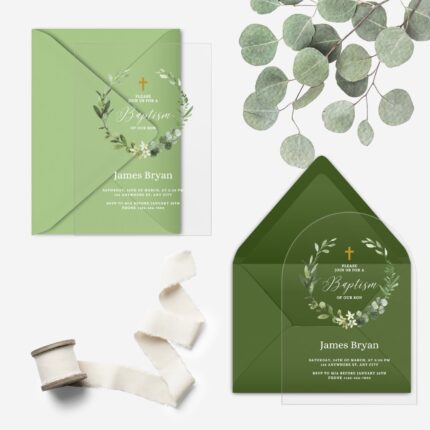 Green rustic Baptism invitation for boy DSBA06