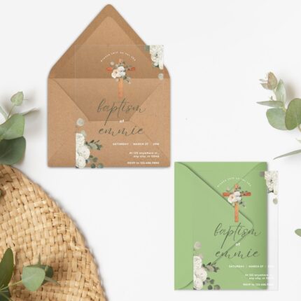 Greenery White Floral Baptism Invitation DSBA02