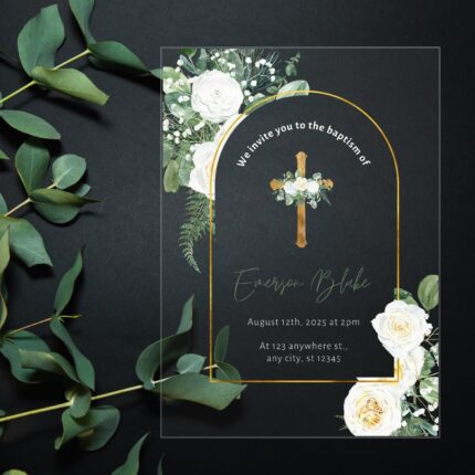 Greenery and Gold Baptism Christening Invitation DSBA04-2