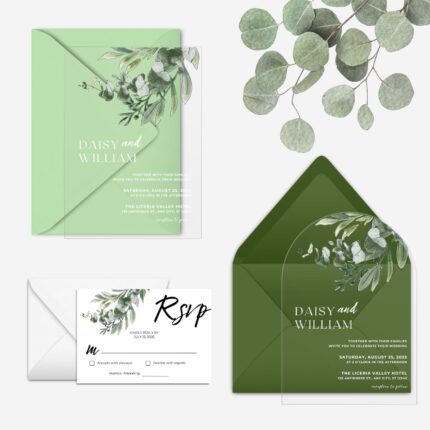 Minimalist Watercolor Eucalyptus Transparent Wedding Invitation DSF031