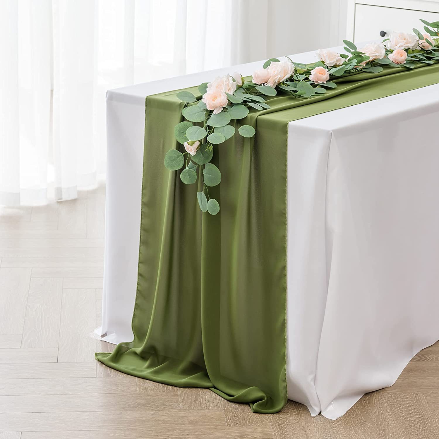 Olive green chiffon table runners for wedding bridal baby shower birthday party table decoration DSTR02
