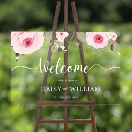 Pink Flowers Clear Acrylic Wedding Welcome Sign DSWS02-2