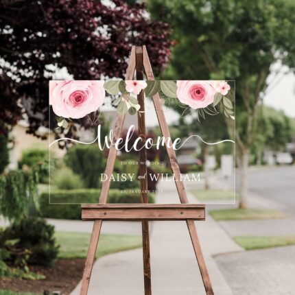 Pink Flowers Clear Acrylic Wedding Welcome Sign DSWS02