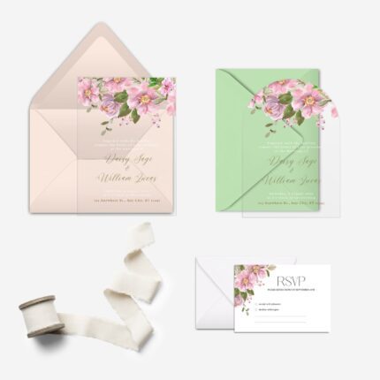 Pink Watercolor Flowers Clear Wedding Invitation DSF015