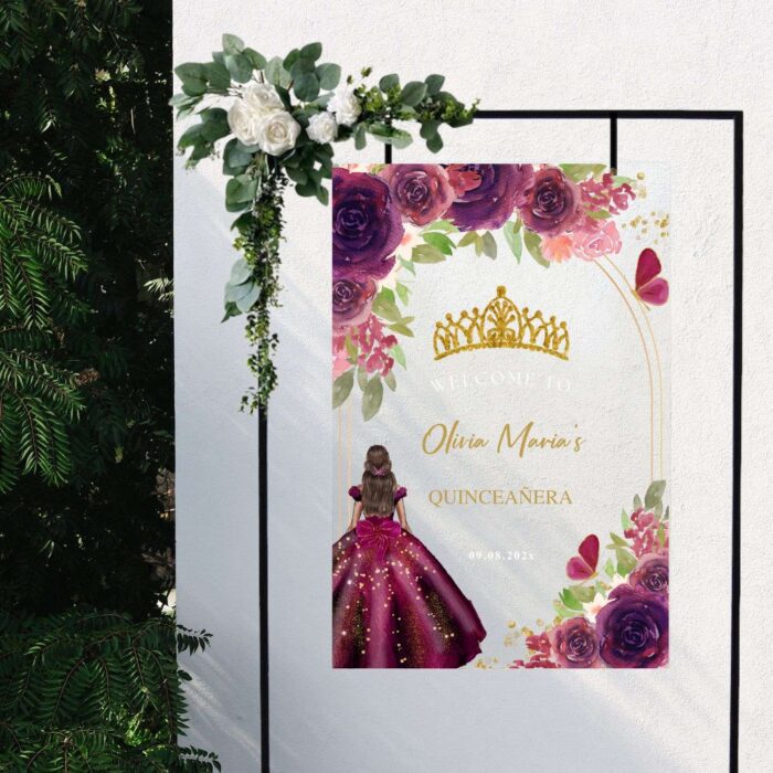 Plum and Gold Princess and Butterfly Acrylic Sweet 15 Sign DSQS02-2