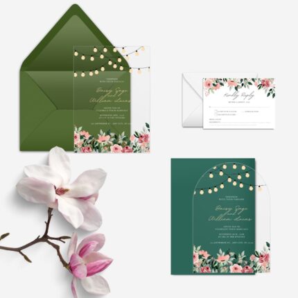 Rustic String Lights and Pink Flowers Clear Wedding CardsDSF010