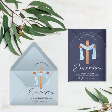 Simple Blue Baptism with Cross Invitation DSBA01