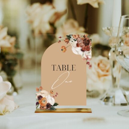 Terracotta Watercolor Floral Clear Acrylic Table Number Sign Card DSTN09-3