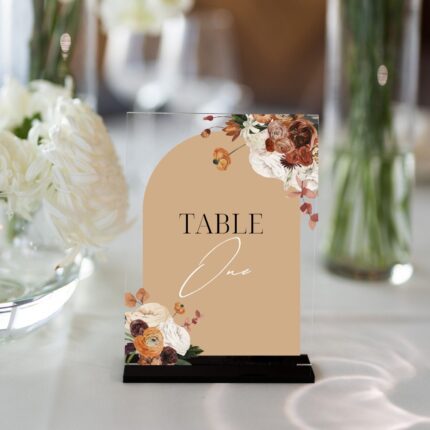 Terracotta Watercolor Floral Clear Acrylic Table Number Sign Card DSTN09