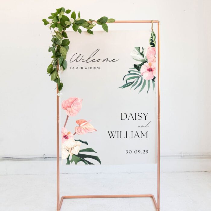 Tropical Anthurium Frosted Acrylic Welcome Wedding Sign DSW03