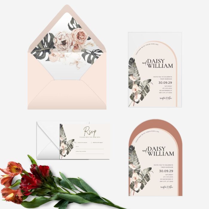 Tropical Beige Anthurium Banana Leaf Acrylic Wedding Invitation DSF006