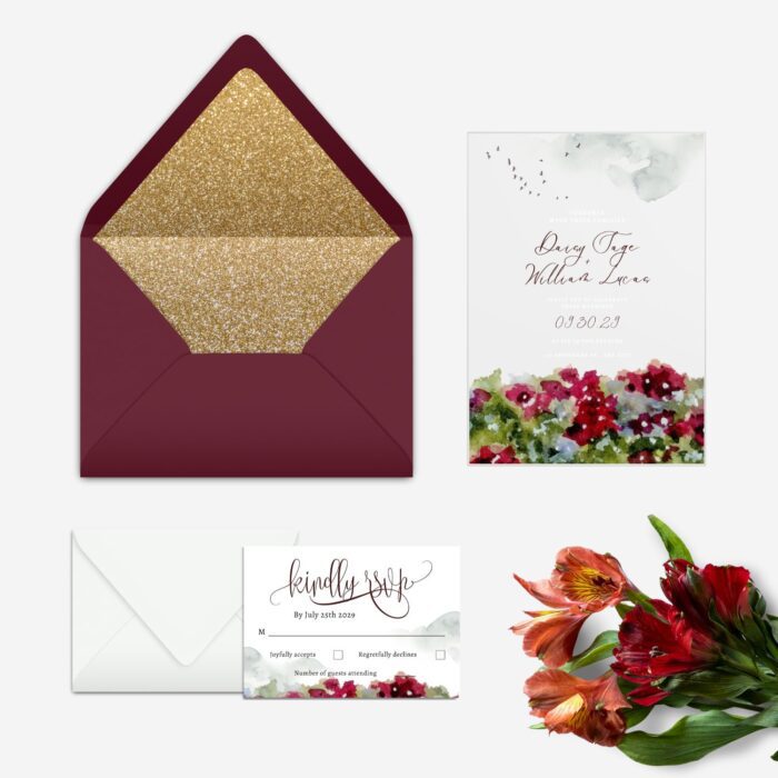 Watercolor Burgundy Flowers Acrylic Wedding Invitation DSF012