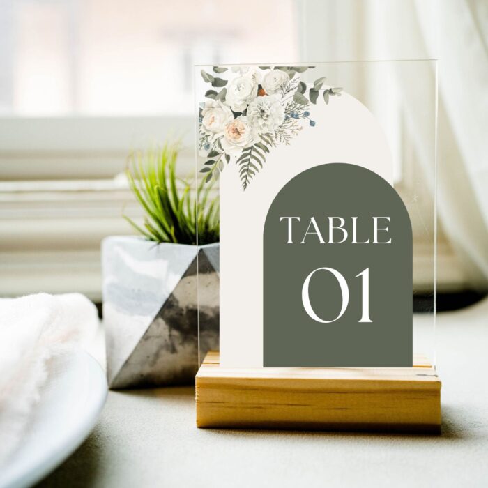 Watercolor Floral Sage Green Clear Acrylic Table Number Sign Card DSTN07-3