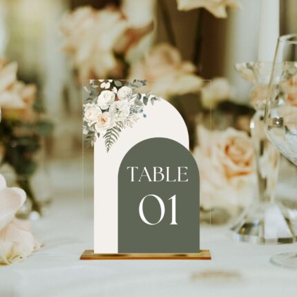 Watercolor Floral Sage Green Clear Acrylic Table Number Sign Card DSTN07-4