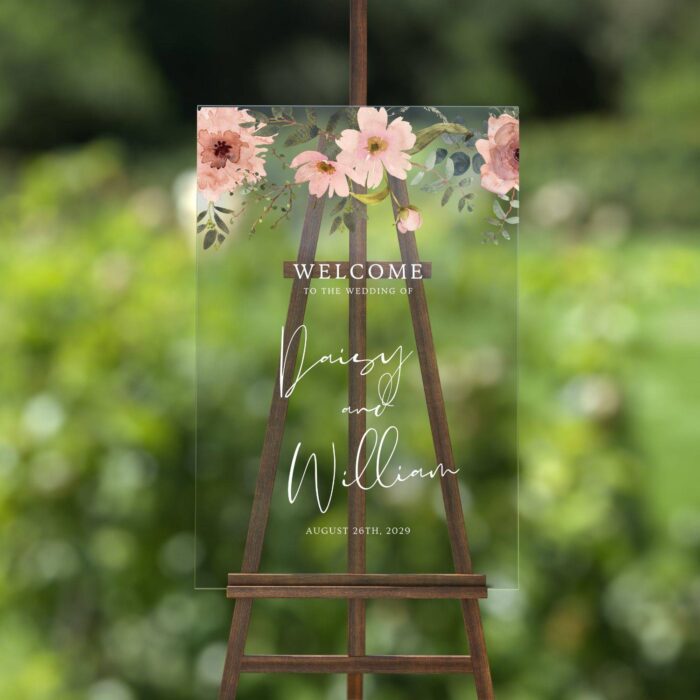 Watercolor Pink Flower Clear Acrylic Welcome Wedding Sign DSWS13