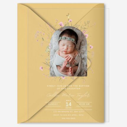 White Calligraphy Floral Classy Clear Baptism Invitation DSBA17-2