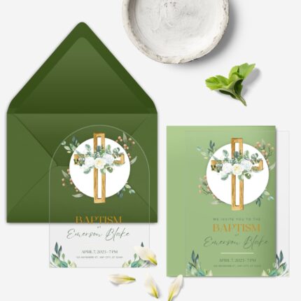 White Green Clean Floral Clear Baptism Invitation DSBA12