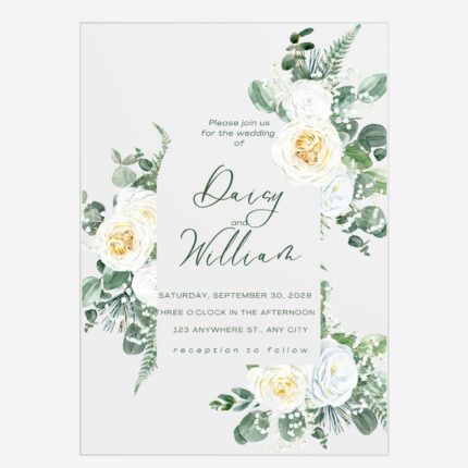 White Roses and Sage Green Leaves Acrylic Wedding Invitation DSF002-2