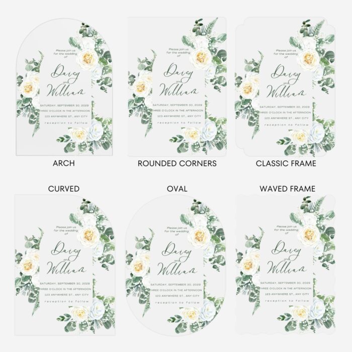 White Roses and Sage Green Leaves Acrylic Wedding Invitation DSF002-3