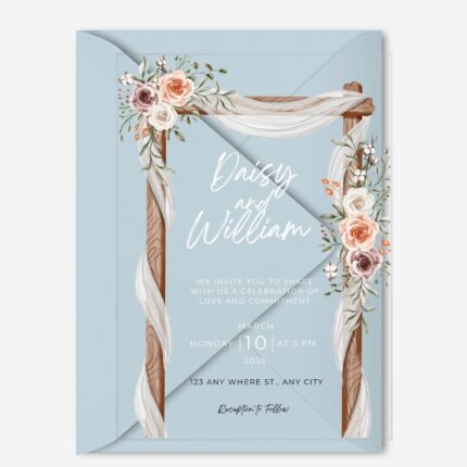 Wood Wedding Arch with Pink Flowers Clear Wedding Cards DSF016-2